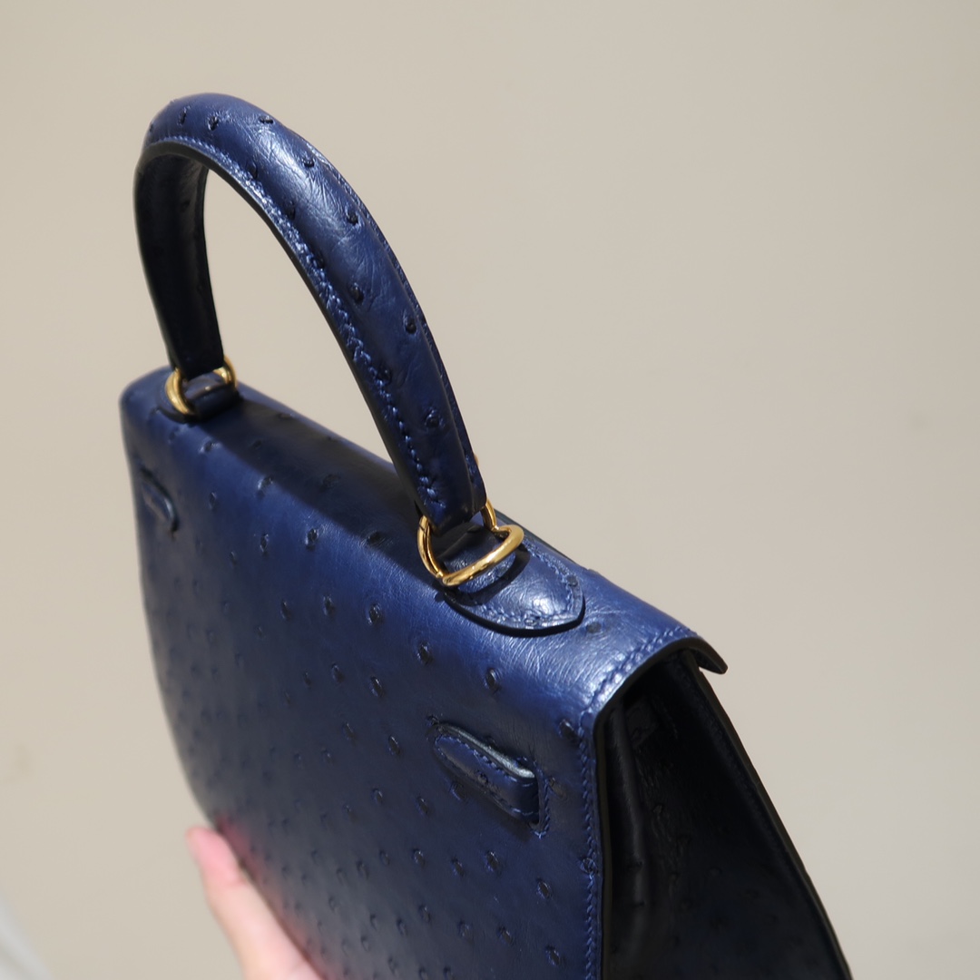 Hermes Kelly 25cm Handbag Shoulder Bag in Dark Blue Ostrich Leather